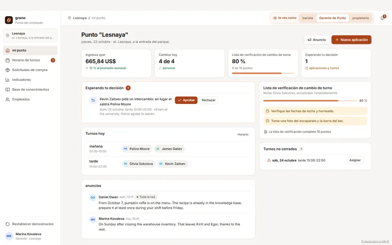 Demostración del portal del empleado de una cadena de cafeterías