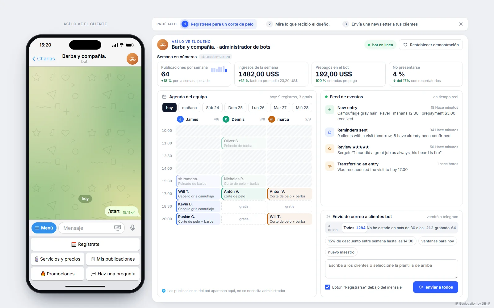 Bot de demostración de Telegram para entradas de barbería y panel de propietarios