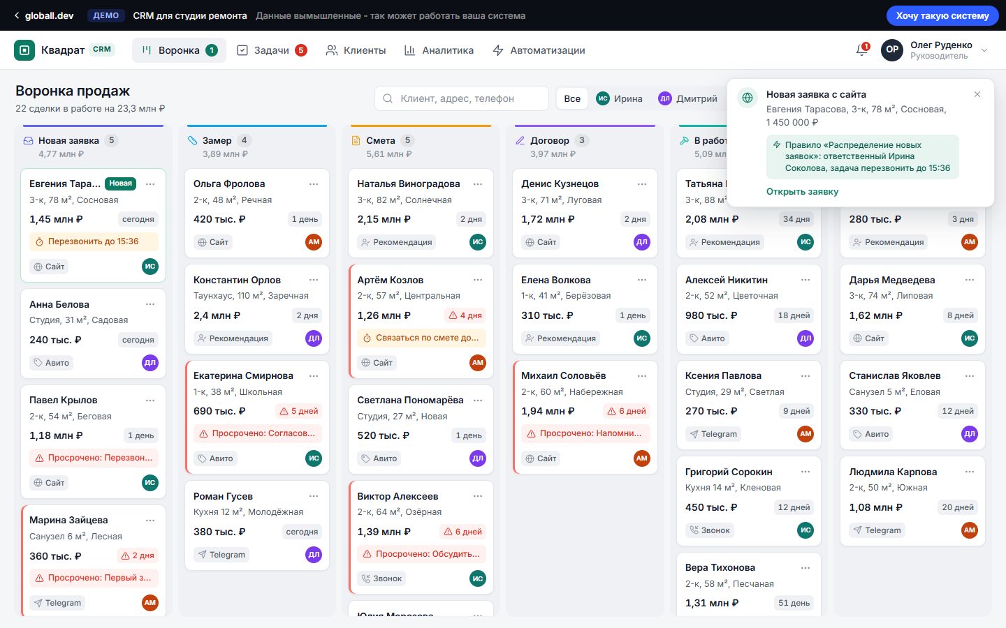 Демо CRM для студии ремонта: воронка сделок