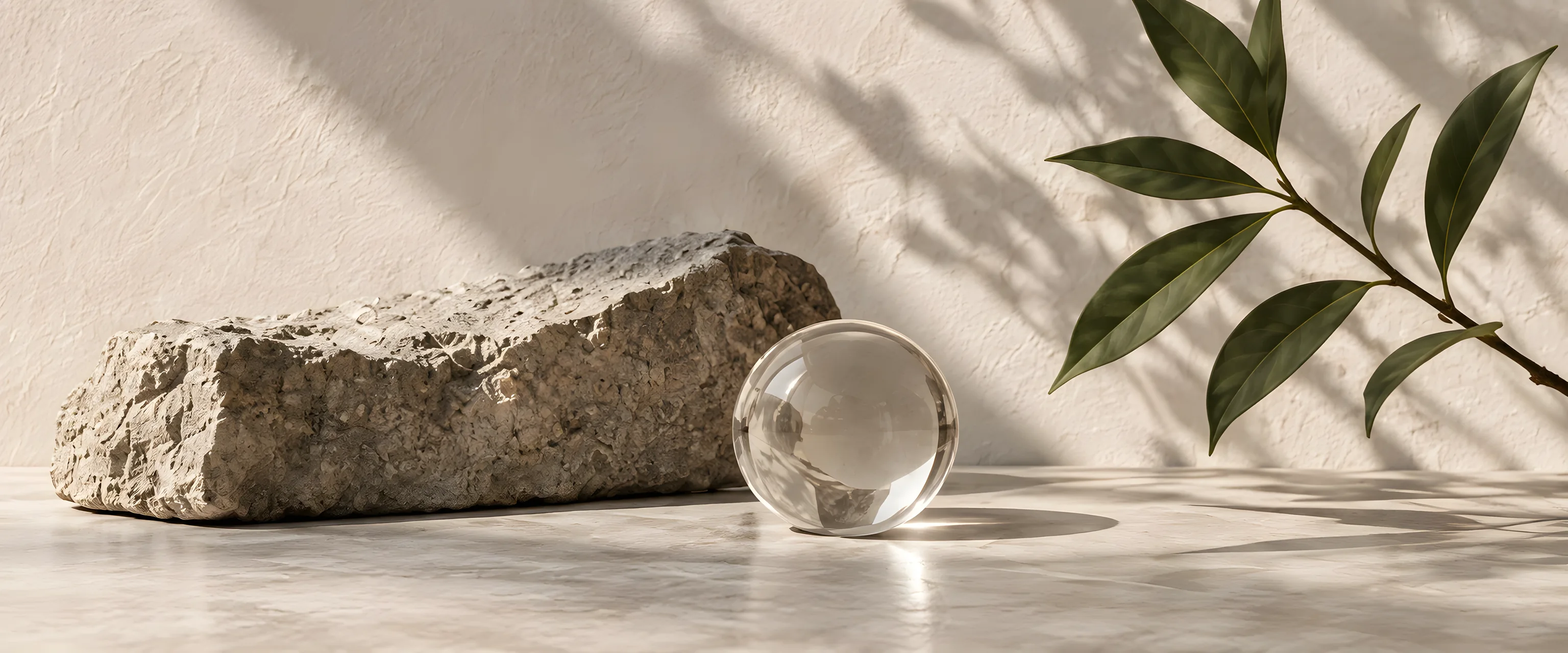 Natural stone, clear glass sphere and olive branch in soft sunlight